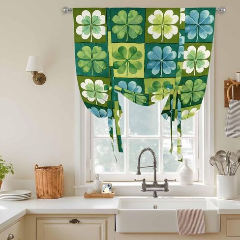 St. Patrick's Day Tie Up Curtains for Window, Green Blue Lucky Shamrocks Rustic Leaves Thermal Balloon Shade Adjustable Rod Pocket Curtains Valance Panels for Kitchen Bathroom Café 42'' x 54'' in Saudi Arabia