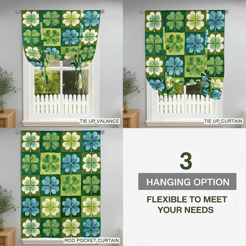 St. Patrick's Day Tie Up Curtains for Window, Green Blue Lucky Shamrocks Rustic Leaves Thermal Balloon Shade Adjustable Rod Pocket Curtains Valance Panels for Kitchen Bathroom Café 42'' x 54'' in Saudi Arabia