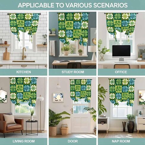 St. Patrick's Day Tie Up Curtains for Window, Green Blue Lucky Shamrocks Rustic Leaves Thermal Balloon Shade Adjustable Rod Pocket Curtains Valance Panels for Kitchen Bathroom Café 42'' x 54'' in Saudi Arabia