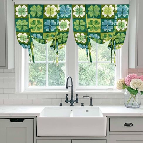 St. Patrick's Day Tie Up Curtains for Window, Green Blue Lucky Shamrocks Rustic Leaves Thermal Balloon Shade Adjustable Rod Pocket Curtains Valance Panels for Kitchen Bathroom Café 42'' x 54'' in Saudi Arabia
