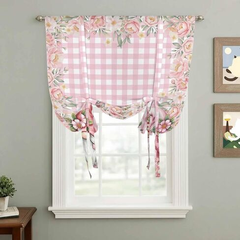 Valentine's Day Tie Up Curtains for Window, Pink Gnomes Rose Flowers Buffalo Plaid Thermal Insulated Balloon Shade Adjustable Rod Pocket Curtains Valance Panels for Kitchen Bathroom Café 42'' x 45'' in Saudi Arabia