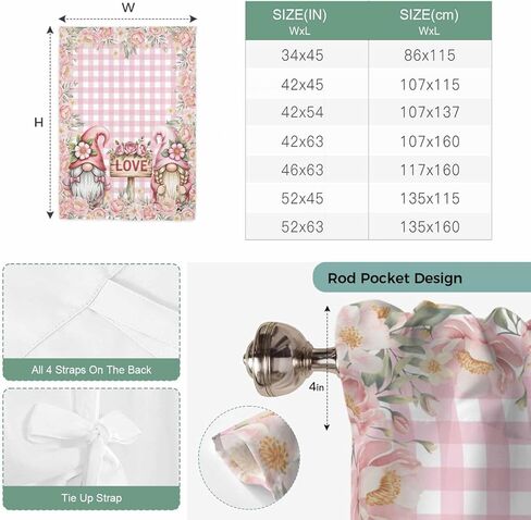 Valentine's Day Tie Up Curtains for Window, Pink Gnomes Rose Flowers Buffalo Plaid Thermal Insulated Balloon Shade Adjustable Rod Pocket Curtains Valance Panels for Kitchen Bathroom Café 42'' x 45'' in Saudi Arabia