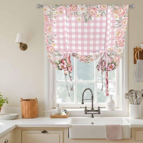 Valentine's Day Tie Up Curtains for Window, Pink Gnomes Rose Flowers Buffalo Plaid Thermal Insulated Balloon Shade Adjustable Rod Pocket Curtains Valance Panels for Kitchen Bathroom Café 42'' x 45'' in Saudi Arabia