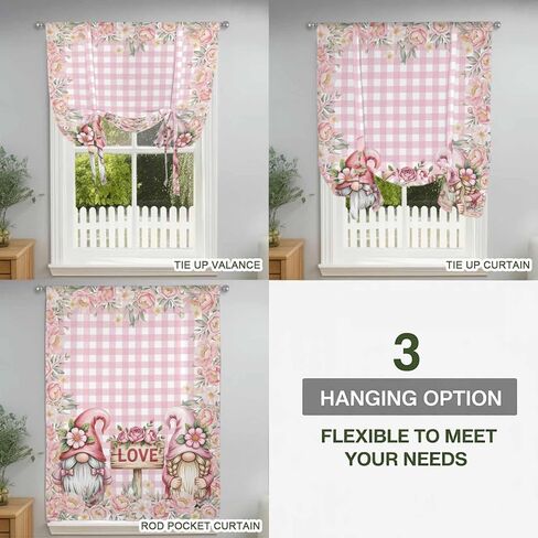 Valentine's Day Tie Up Curtains for Window, Pink Gnomes Rose Flowers Buffalo Plaid Thermal Insulated Balloon Shade Adjustable Rod Pocket Curtains Valance Panels for Kitchen Bathroom Café 42'' x 45'' in Saudi Arabia