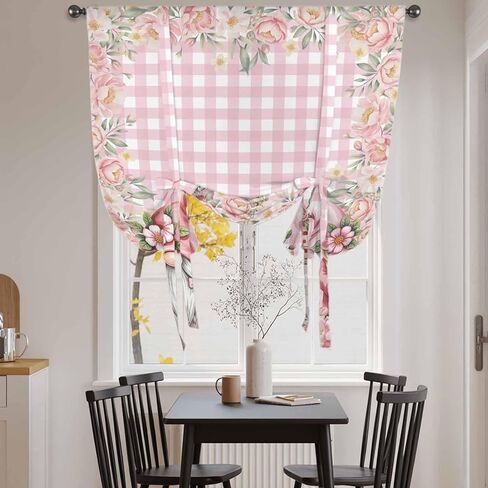 Valentine's Day Tie Up Curtains for Window, Pink Gnomes Rose Flowers Buffalo Plaid Thermal Insulated Balloon Shade Adjustable Rod Pocket Curtains Valance Panels for Kitchen Bathroom Café 42'' x 45'' in Saudi Arabia