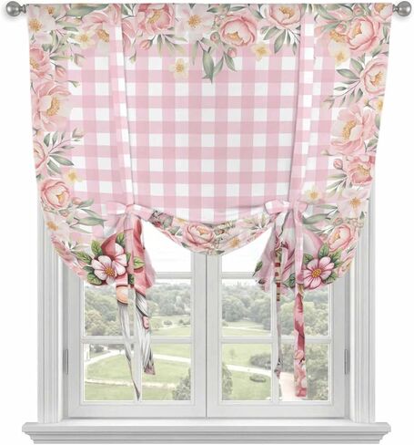 Valentine's Day Tie Up Curtains for Window, Pink Gnomes Rose Flowers Buffalo Plaid Thermal Insulated Balloon Shade Adjustable Rod Pocket Curtains Valance Panels for Kitchen Bathroom Café 42'' x 45'' in Saudi Arabia