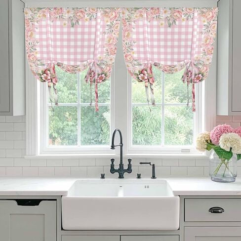 Valentine's Day Tie Up Curtains for Window, Pink Gnomes Rose Flowers Buffalo Plaid Thermal Insulated Balloon Shade Adjustable Rod Pocket Curtains Valance Panels for Kitchen Bathroom Café 42'' x 45'' in Saudi Arabia