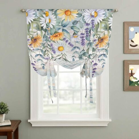 Floral Eucalyptus Leaves Tie Up Curtains for Window, Daisy Summer Botanical Wooden Thermal Insulated Balloon Shade Adjustable Rod Pocket Curtains Valance Panels for Kitchen Bathroom Café 34'' x 45'' in Saudi Arabia
