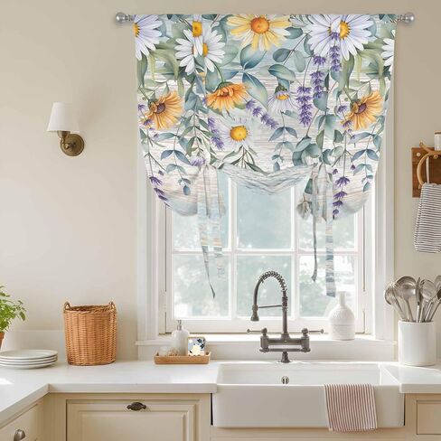 Floral Eucalyptus Leaves Tie Up Curtains for Window, Daisy Summer Botanical Wooden Thermal Insulated Balloon Shade Adjustable Rod Pocket Curtains Valance Panels for Kitchen Bathroom Café 34'' x 45'' in Saudi Arabia