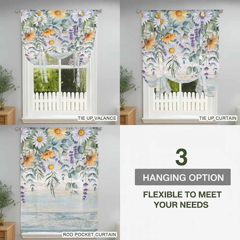 Floral Eucalyptus Leaves Tie Up Curtains for Window, Daisy Summer Botanical Wooden Thermal Insulated Balloon Shade Adjustable Rod Pocket Curtains Valance Panels for Kitchen Bathroom Café 34'' x 45'' in Saudi Arabia