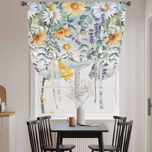 Floral Eucalyptus Leaves Tie Up Curtains for Window, Daisy Summer Botanical Wooden Thermal Insulated Balloon Shade Adjustable Rod Pocket Curtains Valance Panels for Kitchen Bathroom Café 34'' x 45'' in Saudi Arabia