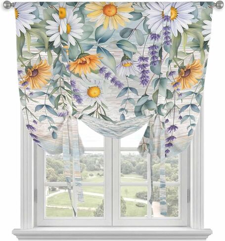 Floral Eucalyptus Leaves Tie Up Curtains for Window, Daisy Summer Botanical Wooden Thermal Insulated Balloon Shade Adjustable Rod Pocket Curtains Valance Panels for Kitchen Bathroom Café 34'' x 45'' in Saudi Arabia