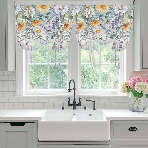 Floral Eucalyptus Leaves Tie Up Curtains for Window, Daisy Summer Botanical Wooden Thermal Insulated Balloon Shade Adjustable Rod Pocket Curtains Valance Panels for Kitchen Bathroom Café 34'' x 45'' in Saudi Arabia