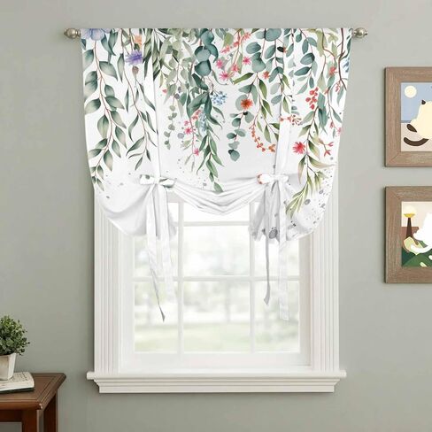 Green Leaves Tie Up Curtains for Window, Eucalyptus Leaves Weeping Summer Botanical Thermal Insulated Balloon Shade Adjustable Rod Pocket Curtains Valance Panels for Kitchen Bathroom Café 52'' x 45'' in Saudi Arabia