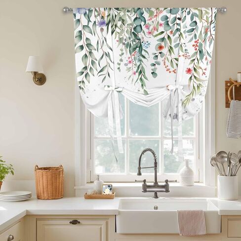 Green Leaves Tie Up Curtains for Window, Eucalyptus Leaves Weeping Summer Botanical Thermal Insulated Balloon Shade Adjustable Rod Pocket Curtains Valance Panels for Kitchen Bathroom Café 52'' x 45'' in Saudi Arabia