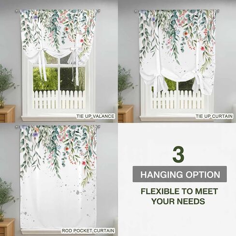 Green Leaves Tie Up Curtains for Window, Eucalyptus Leaves Weeping Summer Botanical Thermal Insulated Balloon Shade Adjustable Rod Pocket Curtains Valance Panels for Kitchen Bathroom Café 52'' x 45'' in Saudi Arabia