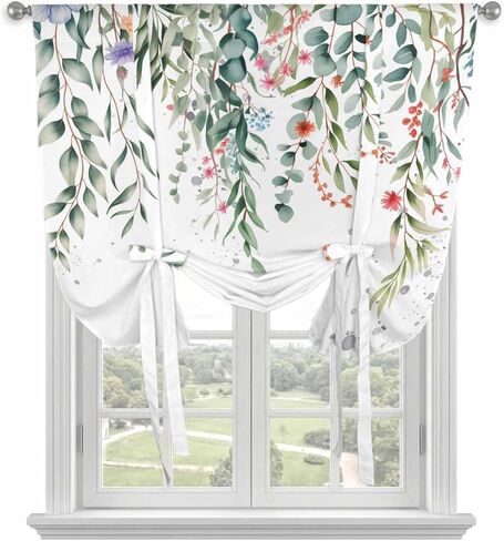 Green Leaves Tie Up Curtains for Window, Eucalyptus Leaves Weeping Summer Botanical Thermal Insulated Balloon Shade Adjustable Rod Pocket Curtains Valance Panels for Kitchen Bathroom Café 52'' x 45'' in Saudi Arabia