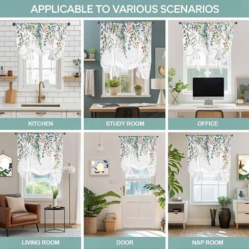 Green Leaves Tie Up Curtains for Window, Eucalyptus Leaves Weeping Summer Botanical Thermal Insulated Balloon Shade Adjustable Rod Pocket Curtains Valance Panels for Kitchen Bathroom Café 52'' x 45'' in Saudi Arabia