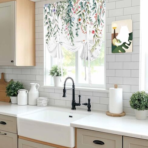 Green Leaves Tie Up Curtains for Window, Eucalyptus Leaves Weeping Summer Botanical Thermal Insulated Balloon Shade Adjustable Rod Pocket Curtains Valance Panels for Kitchen Bathroom Café 52'' x 45'' in Saudi Arabia