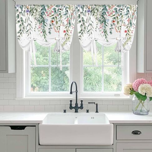 Green Leaves Tie Up Curtains for Window, Eucalyptus Leaves Weeping Summer Botanical Thermal Insulated Balloon Shade Adjustable Rod Pocket Curtains Valance Panels for Kitchen Bathroom Café 52'' x 45'' in Saudi Arabia