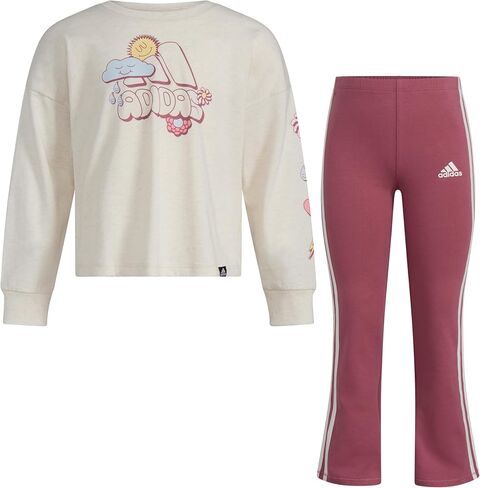 adidas Girls' 2-Piece Long Sleeve Graphic Tee & Flare Pant Set, Grey Heather Pink, 2T in Saudi Arabia