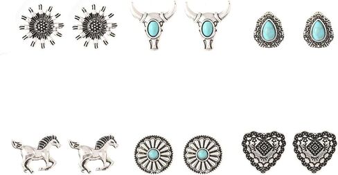 Western Turquoise Earrings Set - 6 Pairs Vintage Boho Stud/Dangle Earrings for Women, Southwestern Bohemian Bull Skull Horse Boot Heart Lightning Jewelry Gifts in Kuwait