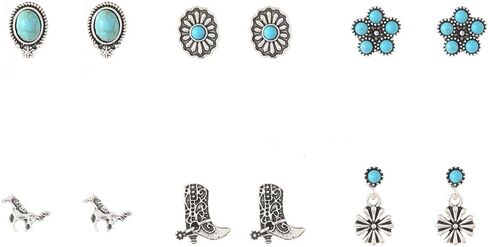 Western Turquoise Earrings Set - 6 Pairs Vintage Boho Stud/Dangle Earrings for Women, Southwestern Bohemian Bull Skull Horse Boot Heart Lightning Jewelry Gifts in Saudi Arabia