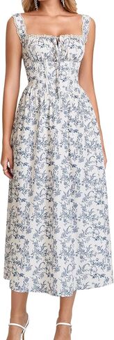 GLNEGE Womens Floral Corset Midi Dress Summer Flowy Wedding Guest Dresses Lace Smocked Back Tea Party Long Sundress in Kuwait