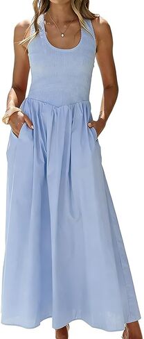 Womens Casual Boho Maxi Tank Sun Dress Summer Smocked Beach Vacation Wedding Guest Long Flowy Sundress in Kuwait