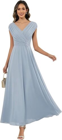 Tea Length Chiffon Mother of the Bride Dresses V-Neck Cap Sleeve Pleated Wedding Guest Dresses for Women Formal in Kuwait