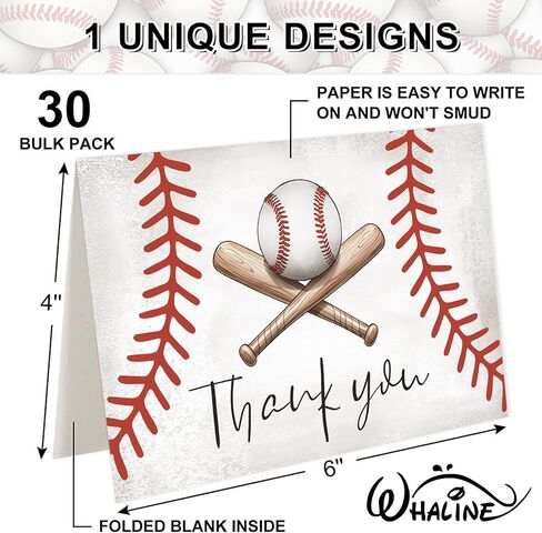 Whaline 30 قطعة من بطاقات البيسبول شكرًا لك، بطاقات المعايدة، بطاقة ملاحظة البيسبول العتيقة مع ملصق مغلف للرياضة، مستلزمات دعوة حفلات أعياد الميلاد، 4 × 6 بوصة in Kuwait
