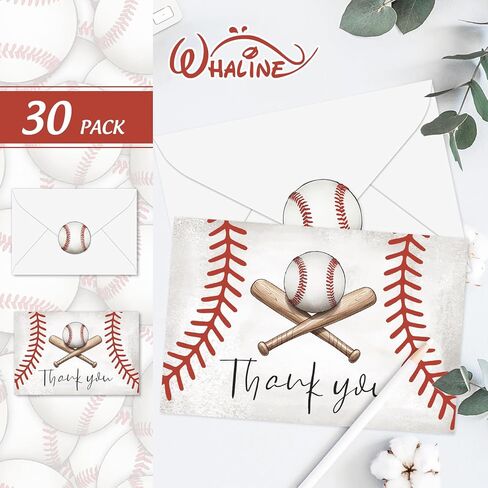Whaline 30 قطعة من بطاقات البيسبول شكرًا لك، بطاقات المعايدة، بطاقة ملاحظة البيسبول العتيقة مع ملصق مغلف للرياضة، مستلزمات دعوة حفلات أعياد الميلاد، 4 × 6 بوصة in Kuwait