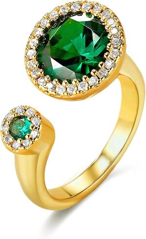 Green Emerald CZ Diamond Adjustable Unique Statement Open Ring for Women, Summer Beach Handmade Double Gemstone Stackable Wedding Date Birthday Gift, Statement Stone Irregular Trendy Ribbed Jewelry, Textured Patterned Fashion Accessories, Vintage Hammered in Kuwait
