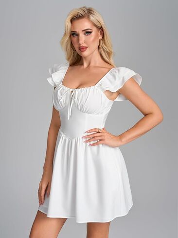 Parthea Corset Ruffle Sleeve Back Tie Mini Dress Sweetheart Flowy A Line Graduation Party Short Dresses in Saudi Arabia