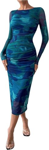 MakeMeChic Women's Long Sleeve Wedding Guest Dress Formal Tie Dye Mesh Ruched Bodycon Cocktail Long Dresses in Saudi Arabia