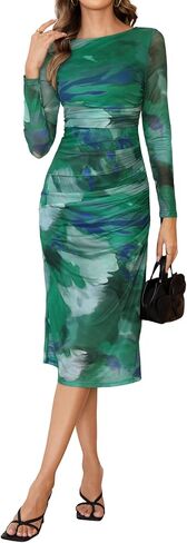 MakeMeChic Women's Long Sleeve Wedding Guest Dress Formal Tie Dye Mesh Ruched Bodycon Cocktail Long Dresses in Saudi Arabia