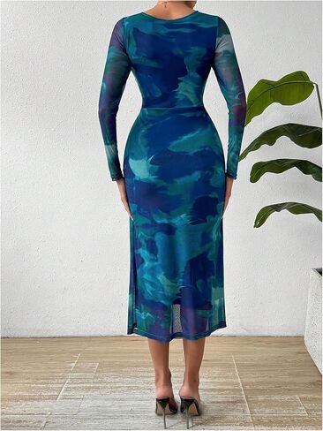 MakeMeChic Women's Long Sleeve Wedding Guest Dress Formal Tie Dye Mesh Ruched Bodycon Cocktail Long Dresses in Saudi Arabia