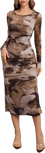 MakeMeChic Women's Long Sleeve Wedding Guest Dress Formal Tie Dye Mesh Ruched Bodycon Cocktail Long Dresses in Saudi Arabia