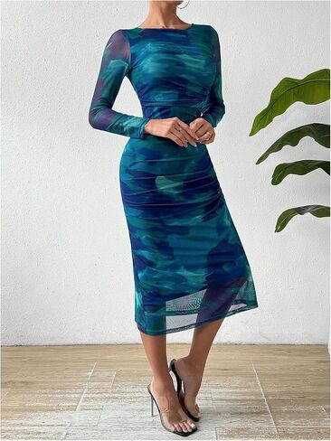 MakeMeChic Women's Long Sleeve Wedding Guest Dress Formal Tie Dye Mesh Ruched Bodycon Cocktail Long Dresses in Saudi Arabia
