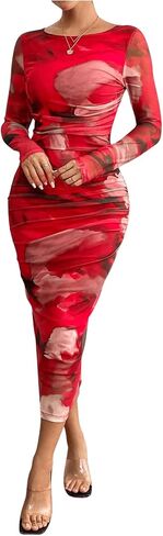 MakeMeChic Women's Long Sleeve Wedding Guest Dress Formal Tie Dye Mesh Ruched Bodycon Cocktail Long Dresses in Saudi Arabia