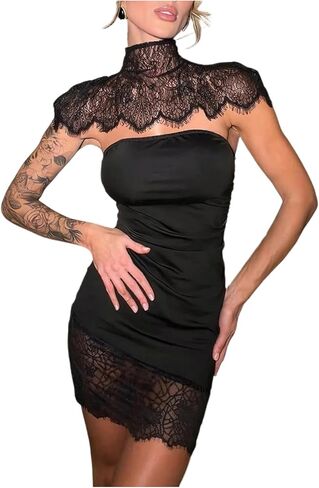 NRTHYE Womens Lace Patchwork Mini Dress Sexy Wrap Turtleneck Strapless Shawl Bodycon Elegant Cocktail Party Dresses in Kuwait