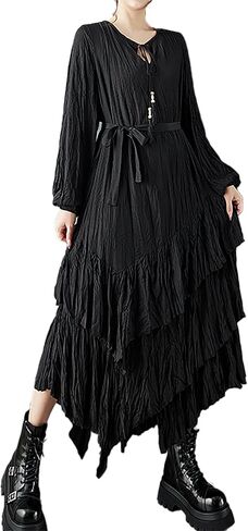 ellazhu Women's Dress Crew Neck Lantern Long Sleeve Tie Waist Plus Size Maxi Hem GZ730 Black in Saudi Arabia