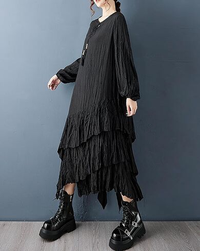 ellazhu Women's Dress Crew Neck Lantern Long Sleeve Tie Waist Plus Size Maxi Hem GZ730 Black in Saudi Arabia