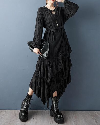 ellazhu Women's Dress Crew Neck Lantern Long Sleeve Tie Waist Plus Size Maxi Hem GZ730 Black in Saudi Arabia