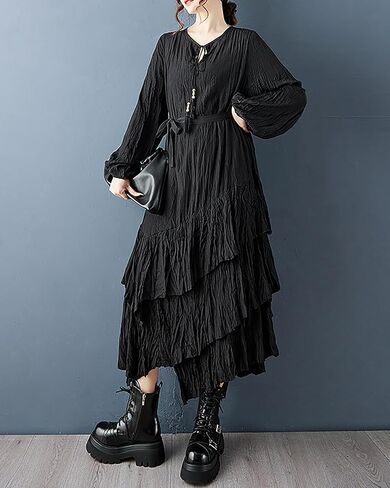 ellazhu Women's Dress Crew Neck Lantern Long Sleeve Tie Waist Plus Size Maxi Hem GZ730 Black in Saudi Arabia