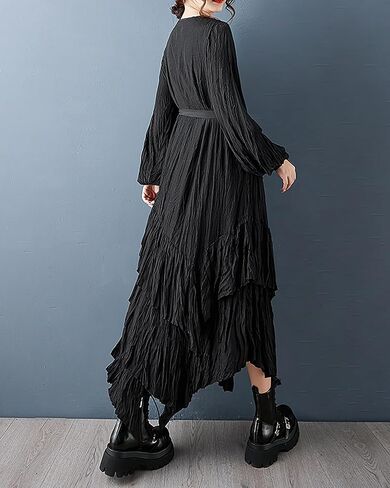 ellazhu Women's Dress Crew Neck Lantern Long Sleeve Tie Waist Plus Size Maxi Hem GZ730 Black in Saudi Arabia
