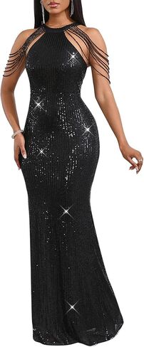 Cololura Women Sexy Elegant Sequin Tassel Off Shoulder Halter Bodycon Maxi Dress Party Evening Gown Formal Dress in Kuwait