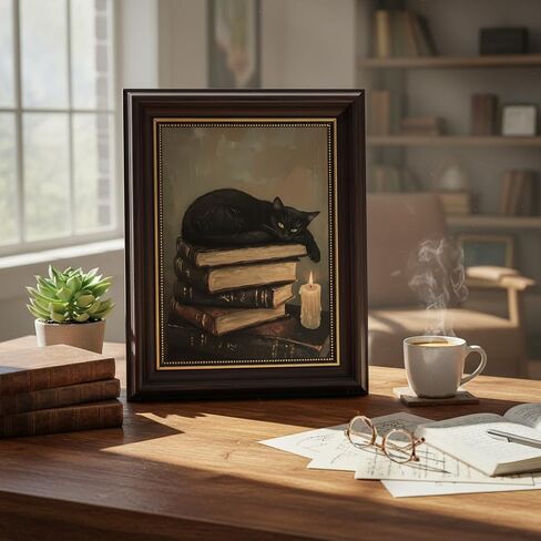 TEOVGKN Gothic Home Decor Black Cat Wall Art, Dark Academia Room Decor, Dark Brown Framed Pictures, Damage-Free Hanging Victorian Moody Artwork (9x11 in) in Saudi Arabia