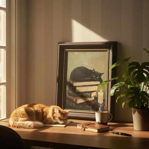 TEOVGKN Gothic Home Decor Black Cat Wall Art, Dark Academia Room Decor, Dark Brown Framed Pictures, Damage-Free Hanging Victorian Moody Artwork (9x11 in) in Saudi Arabia