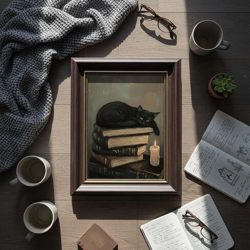 TEOVGKN Gothic Home Decor Black Cat Wall Art, Dark Academia Room Decor, Dark Brown Framed Pictures, Damage-Free Hanging Victorian Moody Artwork (9x11 in) in Saudi Arabia